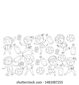 Children and sport. Vector illustration of activities. Football, soccer, running, dancing, martial arts. Health care in school and kindergarten.