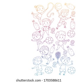 Children and sport. Vector illustration of activities. Football, soccer, running, dancing, martial arts. Health care in school and kindergarten.