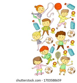 Children and sport. Vector illustration of activities. Football, soccer, running, dancing, martial arts. Health care in school and kindergarten.