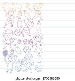 Children and sport. Vector illustration of activities. Football, soccer, running, dancing, martial arts. Health care in school and kindergarten.