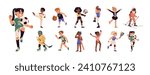 Children sports games, exercises set. Kids are soccer, football players. Active child running, swimming, skiing. Boy plays baseball. Girl goes tennis. Flat isolated vector illustration on white