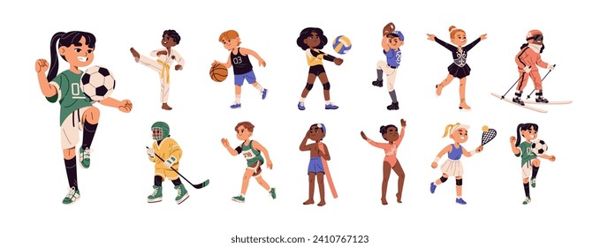 Children sports games, exercises set. Kids are soccer, football players. Active child running, swimming, skiing. Boy plays baseball. Girl goes tennis. Flat isolated vector illustration on white