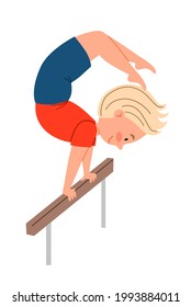 Kinder sind Sportgymnastik. Handstand in der Scorpio-Pose. Das Kind trainiert mit einem Sportgerät. Der Junge ist mit Akrobatik beschäftigt.