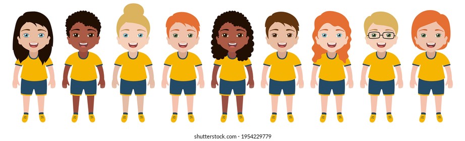 Children sports team in uniform. Kids faces. Smiling school boys and girls set. Isolated vector illustration. Multiethnic people. Cartoon avatars collection. Young teenagers female and male