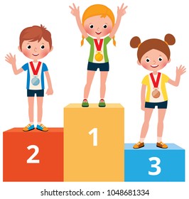 Children sportsmen in sport clothes with medals for victory stand on the pedestal vector cartoon illustration