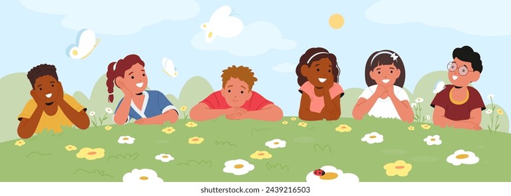Children Sprawl On A Lush Spring Meadow, Laughter Mingling With The Chirping Of Birds, As The Vibrant Greenery Cradles Their Carefree Play Under A Clear Blue Sky. Cartoon People Vector Illustration