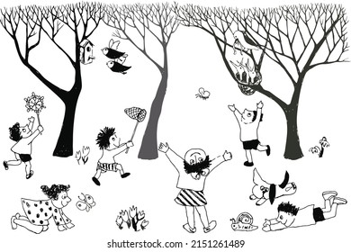 Children in spring park coloring page for kids. Doodle style, vector contour