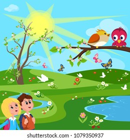 Children in spring trip.Vector illustration