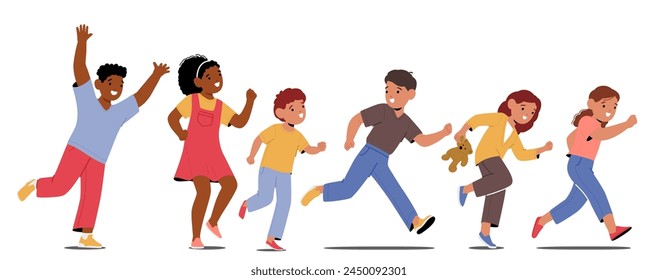 Children Sprinting Joyfully with Laughter, Excitement And Freedom, Exude Innocence In Motion. Little Boys and Girl Characters Running Isolated on White Background. Cartoon People Vector Illustration