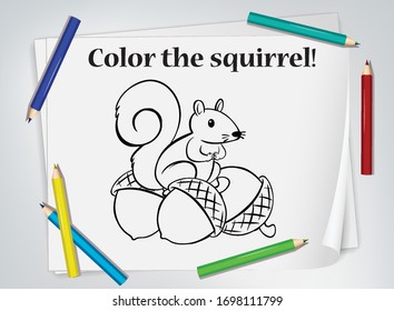 Children squirrel coloring worksheet illustration