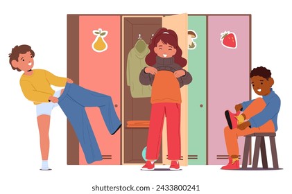 Children Stand By Kindergarten Lockers, Giggling And Chatting As They Dress In Colorful Outfits, Preschool Kid Characters Putting On Pants, Shoes and Sweaters. Cartoon People Vector Illustration