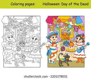 Children stand at the festive table at the Day of the Dead holiday in Mexico. Halloween concept. Coloring and color template for kids. Vector cartoon illustration. For print, decor, education and game