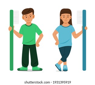 Children Stand and Hold Big Toothbrush.