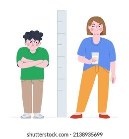 Children stand near a meter to measure height. The boy is angry, the girl smiles. Glass of milk in hand. Children's emotions. Flat vector illustration. Eps10