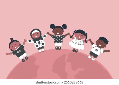 Children Stand on the Globe. Diverse Group of Kids Holding Hands. Happy Baby Girls and Baby Boys. Vector Illustration in Pink