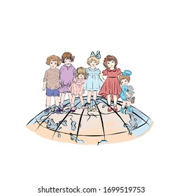 Children stand on planet earth. Young travelers. Happy childhood. Guys of different ages and gender. Boys and girls together. Environmental activists. Hand drawn vintage people.
