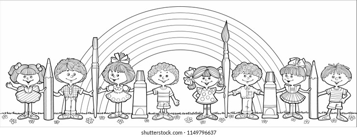 Children stand in a row and hold brushes and pencils On the background of the rainbow. Hand drawn vector cartoon illustration
