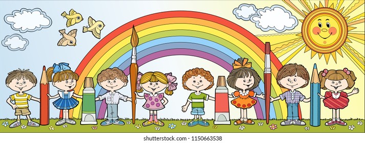 Children stand in a row and hold brushes and pencils On the background of the rainbow. Hand drawn vector cartoon illustration