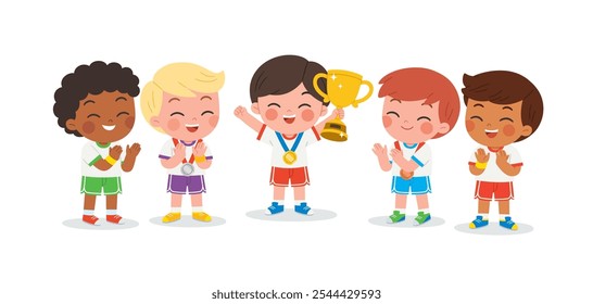 Children stand together, beaming with pride as they joyfully celebrate their hard-earned award. Celebrating victory  concept