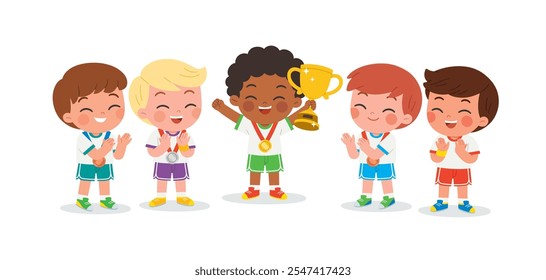 Children stand together, beaming with pride as they joyfully celebrate their hard-earned award. Celebrating victory  concept