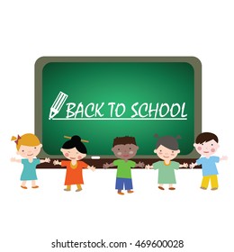 Children standing at the blackboard. Educational concept. Back to school.