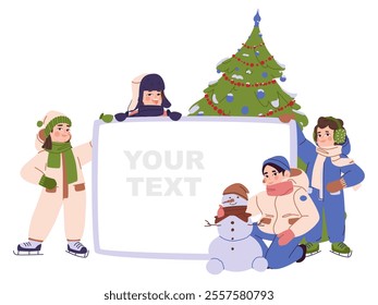 Children are standing by the poster. Decorative Christmas tree in the background. Children and a snowman. Winter announcement of cheerful holiday. Flat vector illustration, eps10