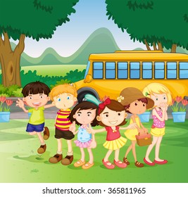 Children standing by the schoolbus illustration