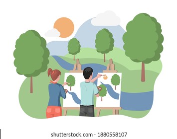 Children standing in forest or city park and drawing landscape of lake and trees vector flat illustration. Outdoor art classes, creative workshop concept. Young artists learning how to draw.