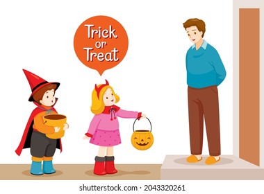 Children Standing In Front Of Man’s House And Saying Trick Or Treat With Him, Happy Halloween