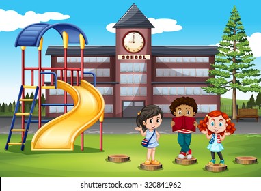 Children standing in front of school illustration