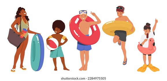 Niños con anillos inflables para jugar en la piscina. Los Personajes Infantiles Expresan Un Espíritu Despreocupado De Infancia, Vacaciones De Verano O Productos Orientados A La Familia. Ilustración del vector de dibujos animados