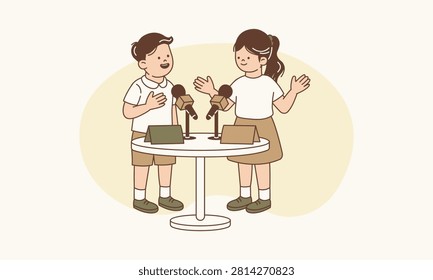 Children Standing with Microphones Engaging in Friendly Debate Representing Critical Thinking Vector