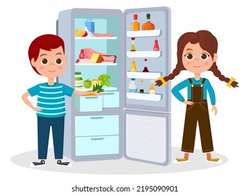 Children are standing near the refrigerator with food.An open refrigerator with food and drinks.Vector illustration.