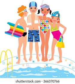 Children standing near swimming pool. Boy with board, girl in mask, little girl with flippers.