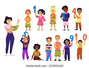 Children standing with numbers from 0 to 10, flat vector illustration isolated on white background. Set of cartoon characters of little kids with teacher studying numbers and math.