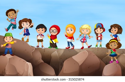 Children standing on cliff illustration