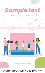 Children standing on stage and signing song on camera. Mobile phone, video, scene flat vector illustration. Entertainment and performance concept for banner, website design or landing web page