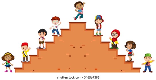 Children standing on the stairs illustration