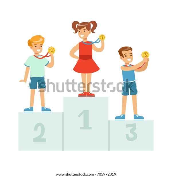 Children Standing On Winner Podium Medalshappy Stock Vector (Royalty ...