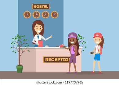 Children standing in queue at the hostel reception interior. Room reservation or booking. Young guest travel. Flat vector illustration