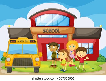 Children standing in the school campus illustration
