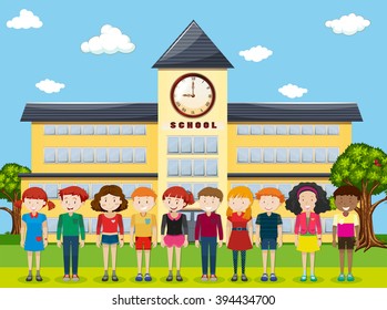 学校のグラウンドイラストに立つ子ども のベクター画像素材 ロイヤリティフリー Shutterstock