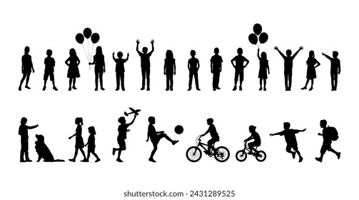 Children standing together in row silhouettes. Children various poses. Kids different activities outdoor vector silhouette set collection.	