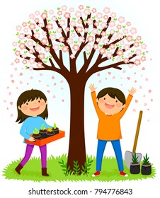 Children standing under a blooming tree preparing to plant saplings for Tu Bishvat