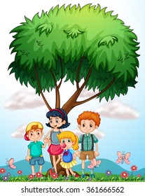 Niños parados debajo de la ilustración del árbol