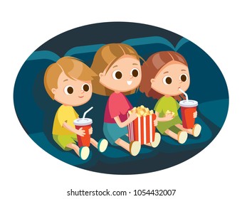 Children stare, gaze at screen amazed by breathtaking movie. Kids with popcorn in cinema movie theater Children watching movie and eating popcorn. Spending time with friends. 