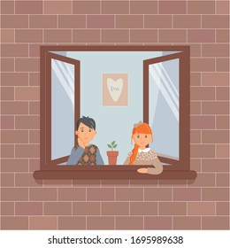 Children stay at home during the quarantine. 
Kids look sadly out of an open window during a virus epidemic.Cute picture on wall and home plant in a pot on the window.Vector colourful illustration 