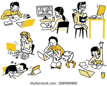 Children stay home and study online, homeschooling concept. Various facial expression, bored, enjoyment, sleepy, happy, confused. Cute doodle character style.