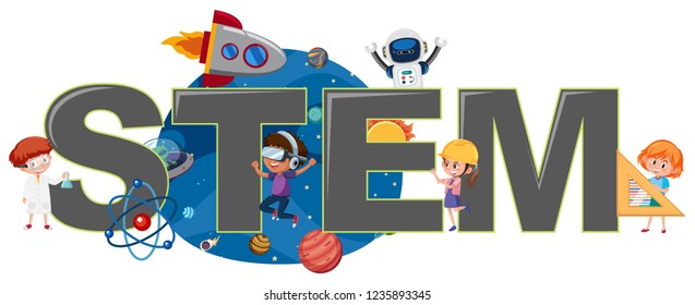 Children with STEM logo illustration