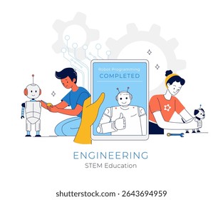 Crianças em STEM Jovens Engenheiros Trabalhando em Projetos de Robótica. Educação CTEM para crianças Robótica e Atividades de Engenharia para Crianças. Construindo robôs Engenharia e tecnologia conceito de aprendizagem.